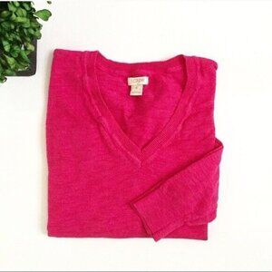 J Crew Sz M Pink Garment Dyed Slub V Neck Burnout Knit Sweater Womens
